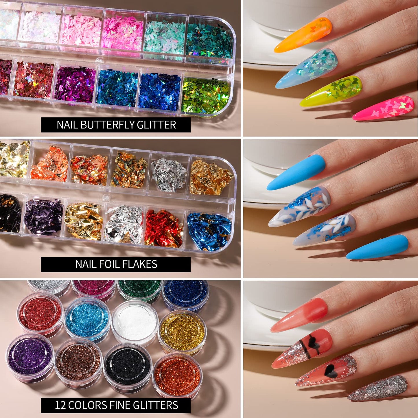 FANDAMEI Nail Art Kit, Nail Art Brushes Set, Nail Design Kit Dotting Tools, Fine Nail Glitter, Nail Decoration Butterfly Heart Glitter Sequins, Foil Flakes, Nail Rhinestones, Dust Brush