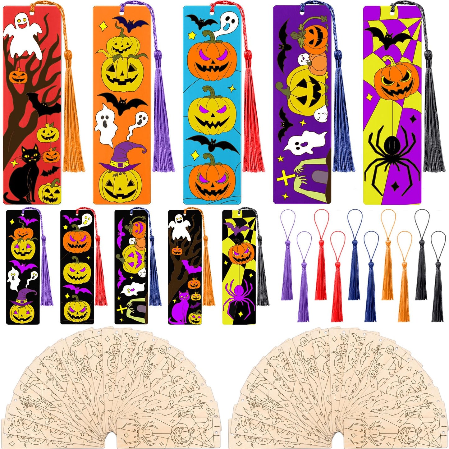AmazingSpark 100 Pcs Wood Bookmarks Bulk DIY Crafts Kit, 50 Set Blank Coloring Bookmarks with Tassel for Classroom Gifts Exchange Activity Reading Party Favor Reward Goodie Fillers(Halloween)