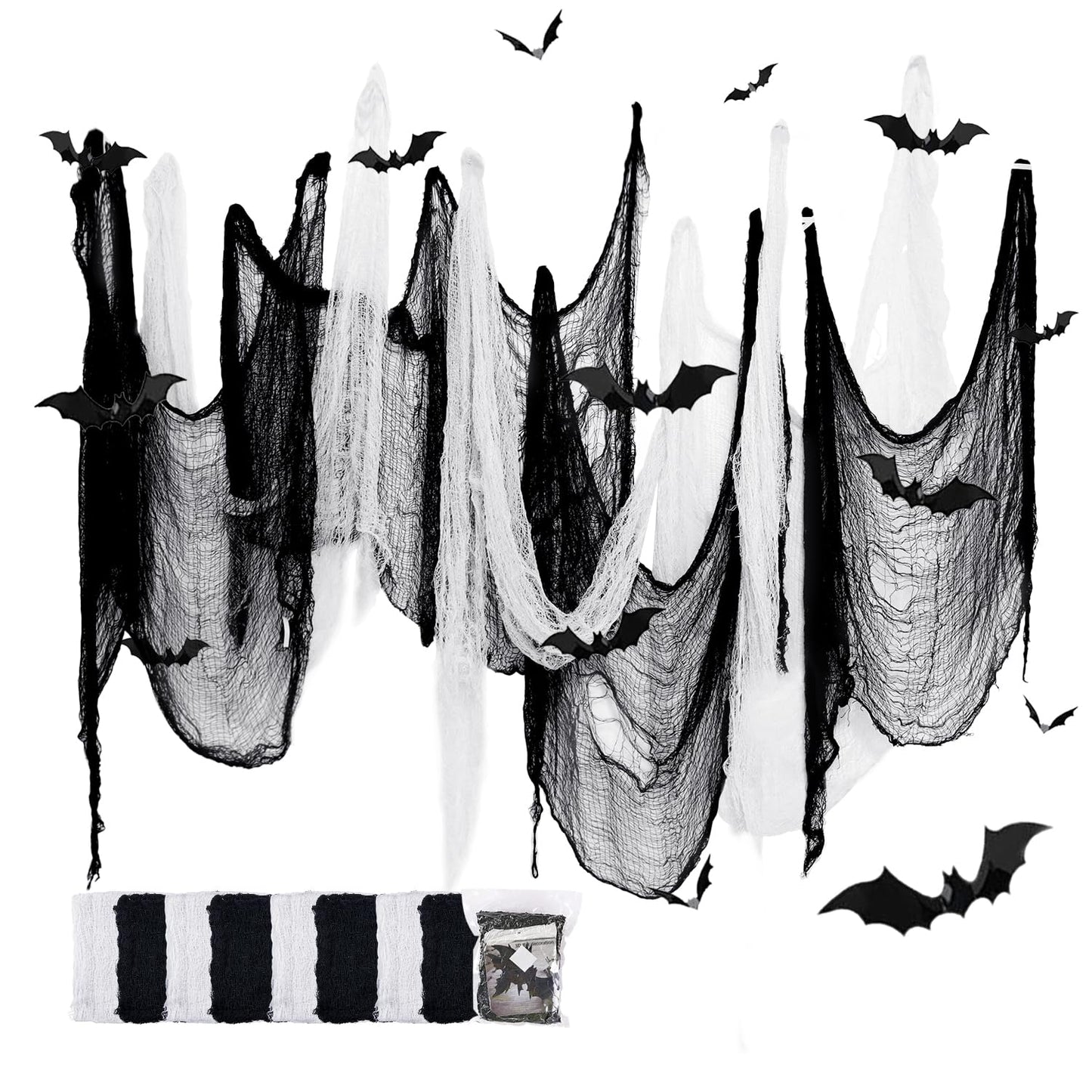 SHIYOUO 8 Pack Halloween Creepy Cloth, 30×72inch Spooky Fabric Clothes, Halloween Gauze Decoration for Haunted Houses, Party Supplies Indoor Outdoor- Black*4+White*4