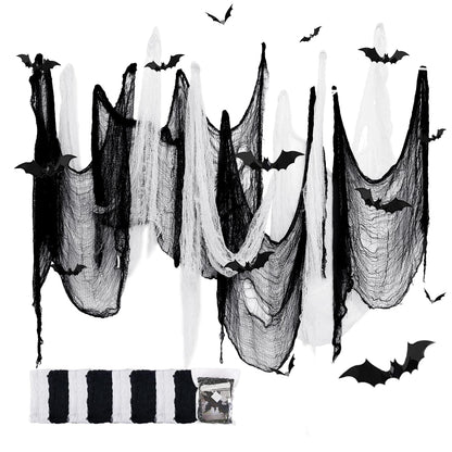 SHIYOUO 8 Pack Halloween Creepy Cloth, 30×72inch Spooky Fabric Clothes, Halloween Gauze Decoration for Haunted Houses, Party Supplies Indoor Outdoor- Black*4+White*4