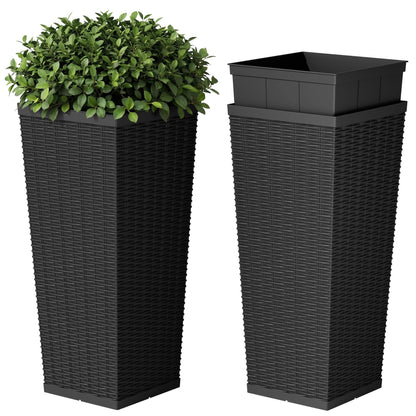 Devoko Resin Tall Planters for Outdoor Plants Set of 2, Large Widened Taper Planter Pots with 8 Drainage Holes, Flower Pots Modern Decor for Porch, Patio, Garden (Black, 24'' Without Trays)
