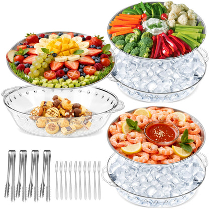 Chilled Serving Trays for Parties, 3 Set 11.8" Compartment Charcuterie Platters for Serving Food Party Shrimp Cocktail Servings Dish Keeps Food Cold for Vegetable Fruit, Cheese, Seafood & Dip
