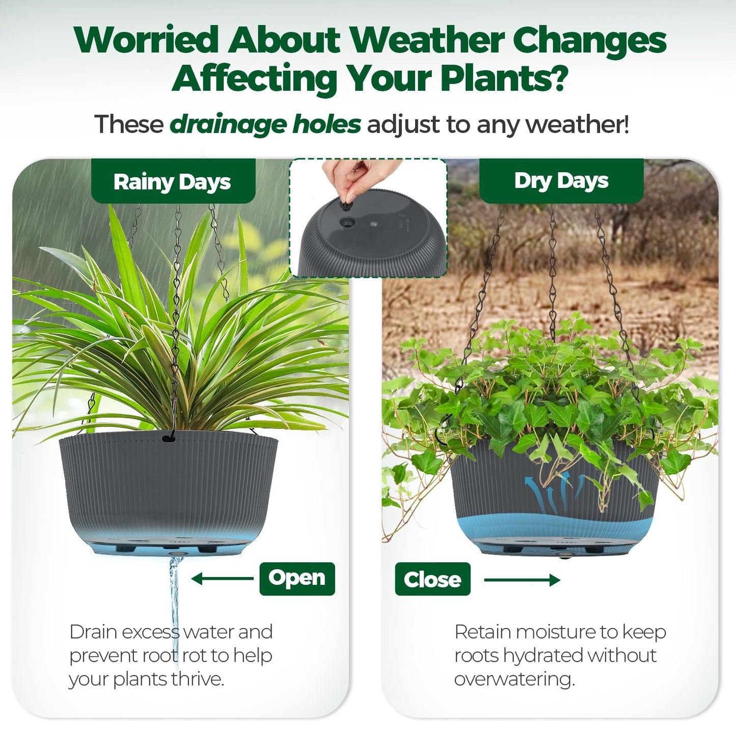T4U 8 Inch Hanging Planters for Indoor Outdoor Plants, Self Watering Hanging Pot Pack of 2, Hanging Pots with Drainage Hole & Plug & Chain with 3 Hooks for Garden Home Decor, Grey