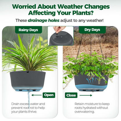 T4U 8 Inch Hanging Planters for Indoor Outdoor Plants, Self Watering Hanging Pot Pack of 2, Hanging Pots with Drainage Hole & Plug & Chain with 3 Hooks for Garden Home Decor, Grey