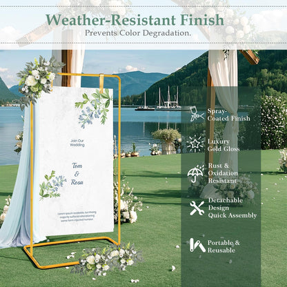 WellSign Wedding Welcome Sign Holder, 68”x31”x 20” Welcome to Our Wedding Sign Adjustable Display Stand with 4 Leather Hanging Straps,Gold Easel Stand Personalized for Baby Bridal Valentine