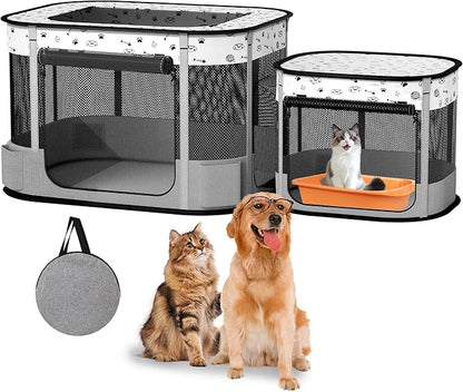 Portable Cat Playpen, Foldable Pet Dog Playpen, for Kitten Puppy Play Pen Indoor/Outdoor, Cats Enclosure Cages Tent with Carrying Case, 600D Oxford 8-Rods, 32"x24"x22", Grey