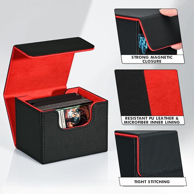 ZLCA Card Deck Box for Trading Cards, MTG Commander Deck Box Holds 120+ Single Sleeved Cards, Leather Magnetic Card Storage Box Fits for Magic the Gathering TCG CCG (Black& Red)