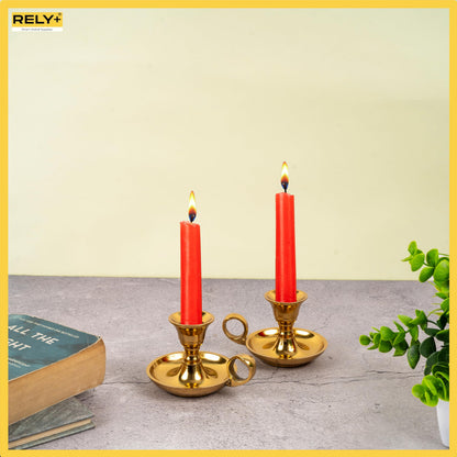 Rely+ Glossy Gold Metal Candle Holders with Handle for Taper Candlestick Set of 2 Modern Decor for Home Table Centerpiece for Wedding, Parties, Dinners, Decorations