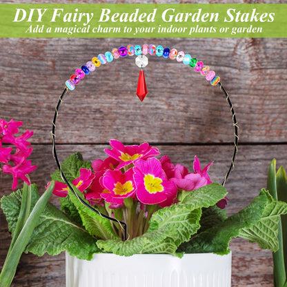 PartyYeah 218PCS Beaded Garden Stakes Kit Fairy Garden Stakes DIY Fairy Wand Garden Stake Beads Kits with 8 Colorful Crystal Charm 8 Round Arch Stand 200 Colorful Beads for Garden Craft Supplies