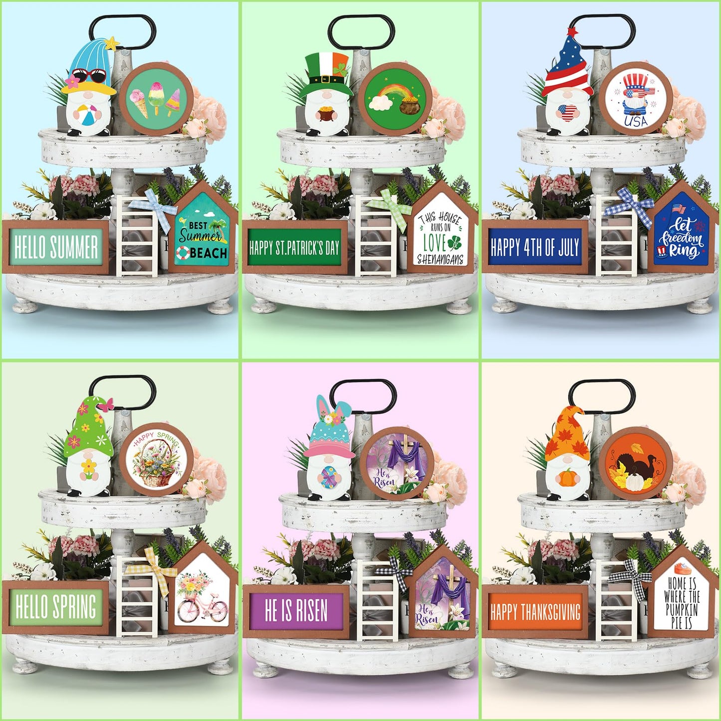 Lineshading 65 Pcs Interchangeable Seasonal Tiered Tray Decor Set Patriotic Farmhouse Summer Tiered Decorations Holiday Rustic Wooden Frames Arch Ladders Cards Bow Knot for Home Kitchen Table Decor