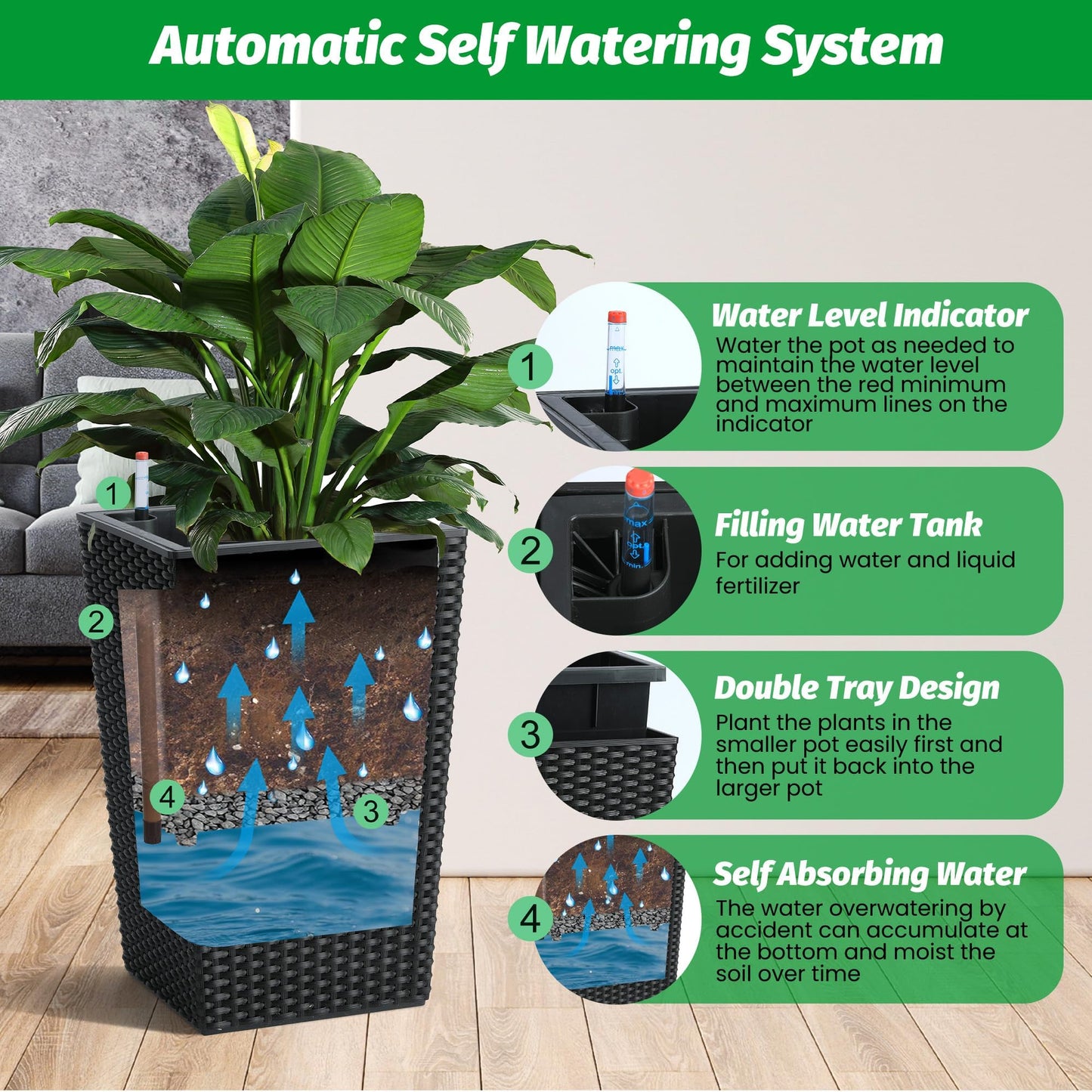 Tall Wicker Planter with Insert Set of 2-Self Watering Large Tall Rattan Planter Pots for Indoor and Outdoor 22.5 Inch,Wicker Flower Pots for Front Door,Porch and Patio in White/Black/Brown