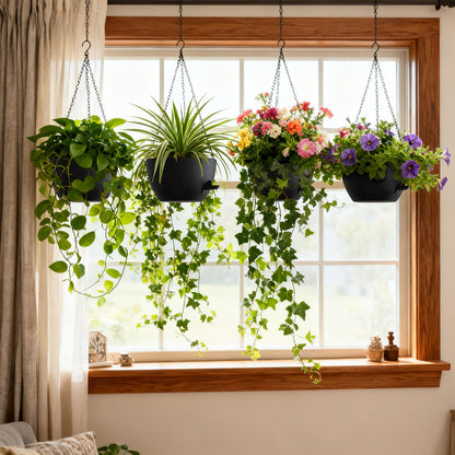 UOUZ 4 Pack 8 Inch Self Watering Hanging Planters for Indoor Outdoor Plants，Hanging Pots for Plants with Drainage Removable Tray, Hanging Baskets Flower Pots for Ivy Pothos Spider Garden Porch Black