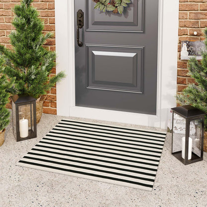 Sungea Black and White Striped Rugs 2.3'x3.6', Washable Hand Woven Front Door Rug, Reversible Outdoor Welcome Mat Foldable Layered Door Mats for Entryway Porch Decor Home Entrance