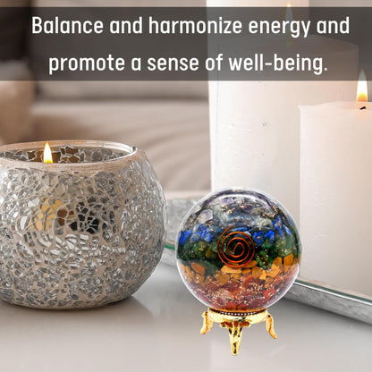 Amazing Gemstone 2.5" 7 Chakra Orgonite Orgone Crystal Sphere Ball with Stand - Meditation Crystal Ball for Witchcraft and Decorative Balls - Premium Gemstone Sphere Balls