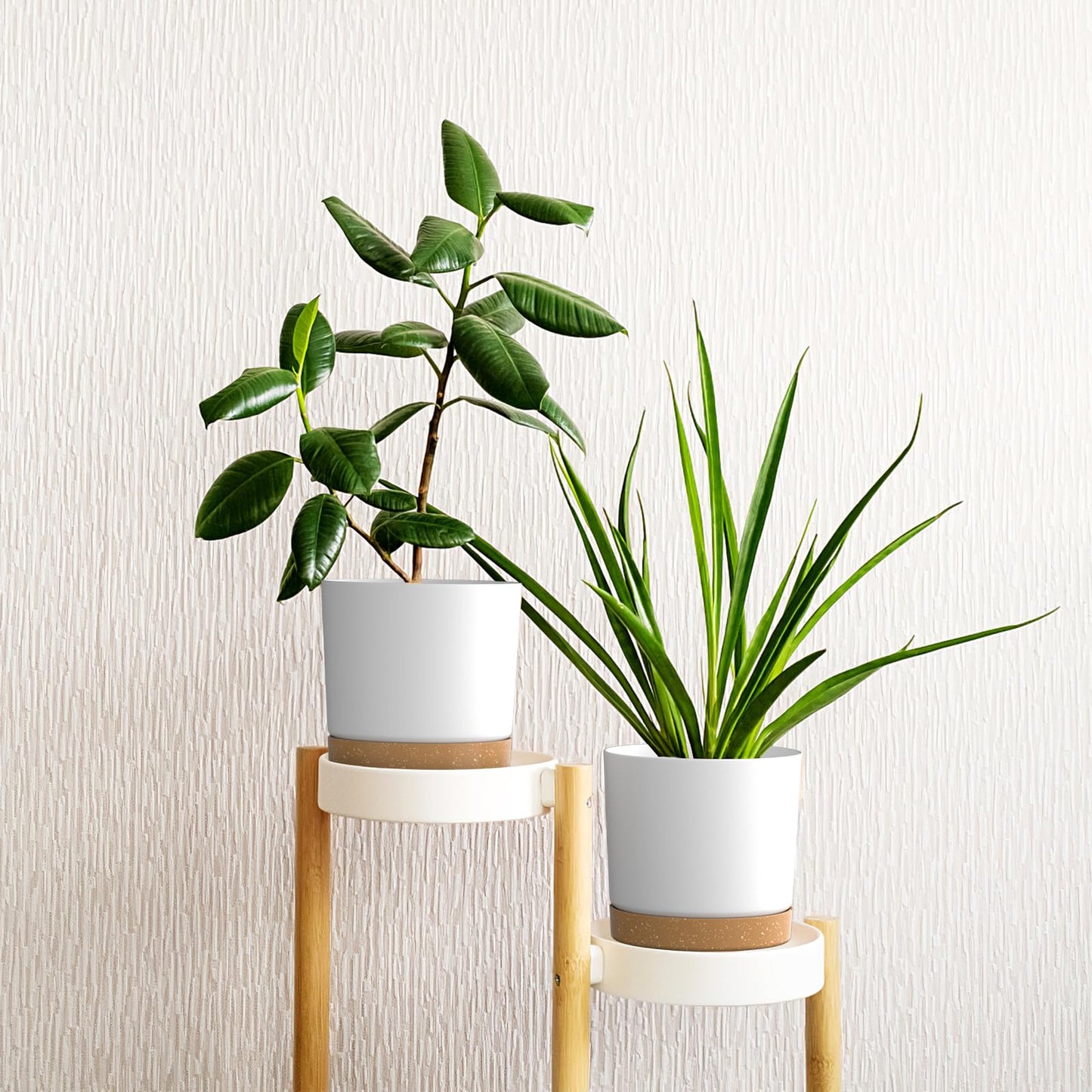 FIASON 8 inch Plant Pots, Plastic Planter with Drainage Hole and Saucer, A Set of 2 Flower Pots for Indoor, Outdoor, House Plants, Succulents, Flowers (White)