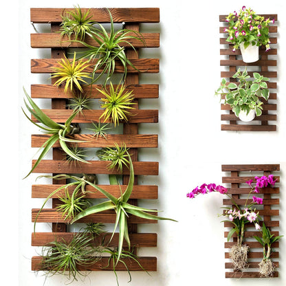ShopLaLa Bundle- 2 Pack, 23.6 Inch Wooden Plant Holder + 10 Pack, 4 Inch White Self Watering Plastic Pot Modern Hydroponic Vertical Live Garden Display Wall Mount Plant Stand Home Living Room Decor