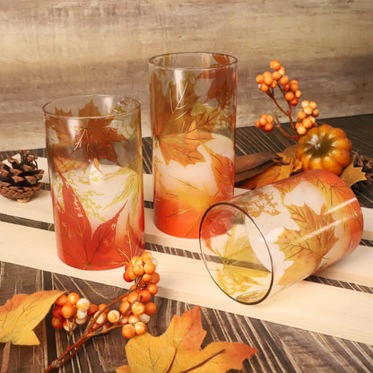 Crystal Club Fall Flameless Candles, Autumn Maple Leaves LED Flickering Candles with Remote and Timer, Battery Operated Glass Effect Pillar Candles for Fall Home Thanksgiving Home Décor