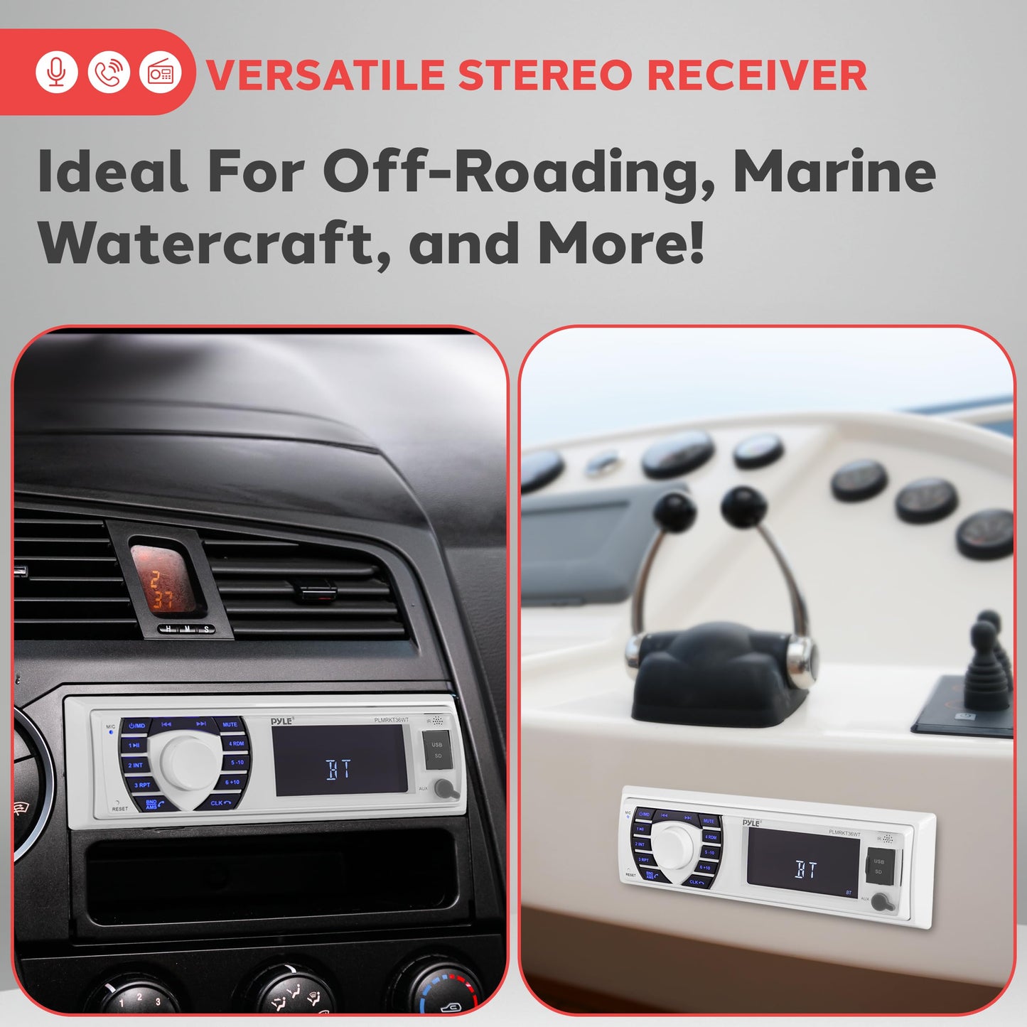 Pyle Marine Receiver & Speaker Kit - In-Dash LCD Digital Stereo Built-in Bluetooth & Microphone w/ AM FM Radio System 5.25’’ Waterproof Speakers (2) MP3/USB/SD Readers & Remote Control - PLMRKT36WT