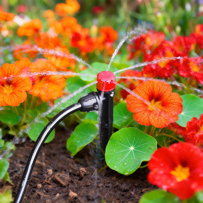 WZFLRUA 55 Pieces Drip Irrigation Emitters for 1/4" Tubing, Adjustable 360 Degree Water Flow Irrigation Multi Stream Spray Emitter On 5" Stake for Garden Watering System