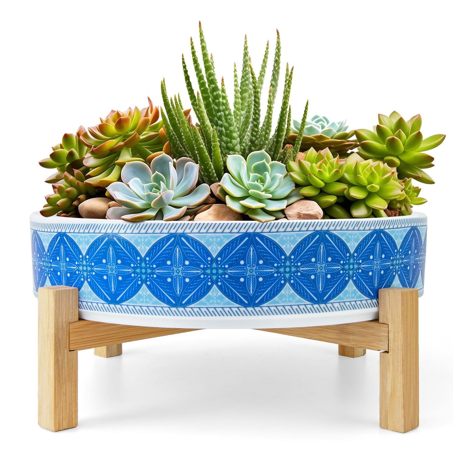 ARTKETTY Succulent Pots - 11 Inch Large Plant Pots Ceramic Bonsai Pots with Drainage Stand, Shallow Succulent Planters for Indoor Plants Decorative Flower Cactus Planter Bowl