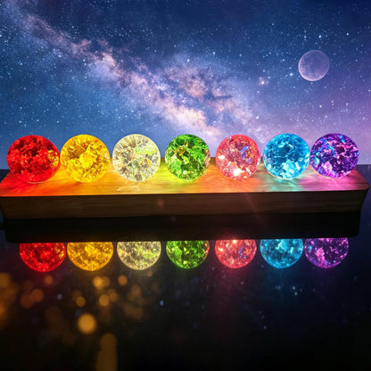 40mm 7 Colors Ice Cracked Glass Crystal Chakra Balls with LED Wooden Base