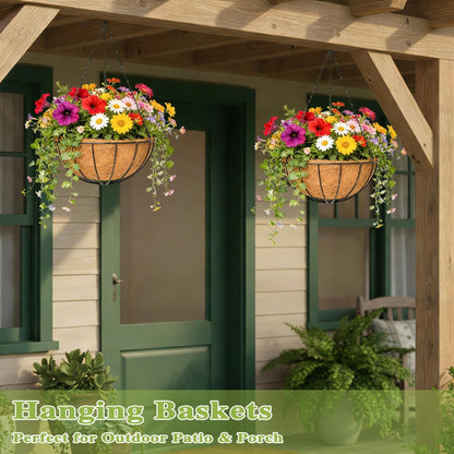 Qusuxi 4 Pack 12 Inch Hanging Baskets for Plants Outdoor Metal Hanging Planter Hanging Flower Baskets with Coco Fiber Liners Chain Round Wire Plant Holder Hangings Flower Pots(Watermelon)