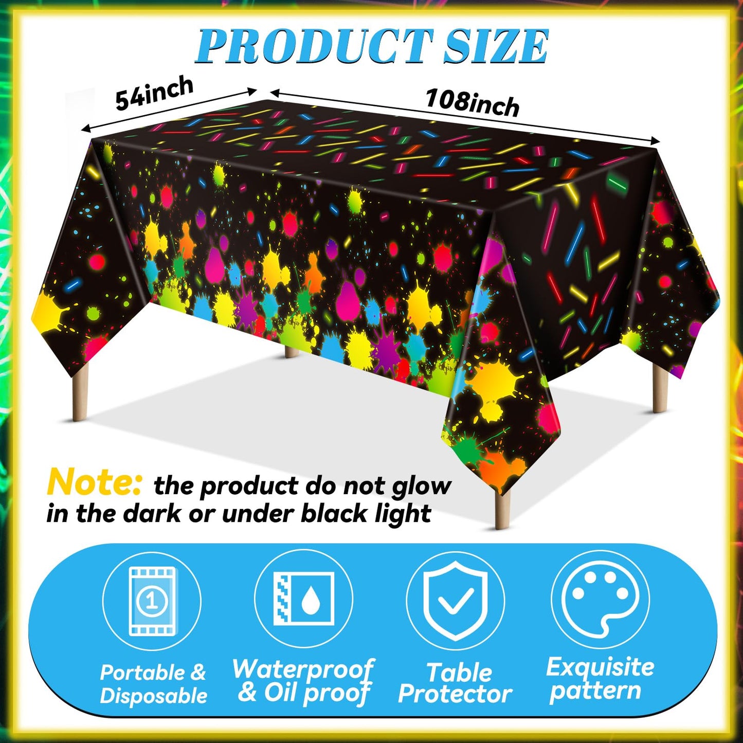 VitalCozy 6 Pcs 80s Neon Table Cloths for Parties Glow in The Dark Tablecloths 54 x 108 Inch Plastic Glow Party Table Covers for Halloween Birthday Black Light Party Supplies Decorations