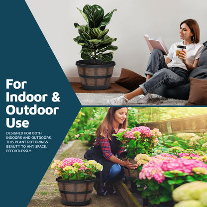 10-Inch Whiskey Barrel Planters Outdoor Pack of 25 - Durable Plastic Plant Pots for Indoor & Outdoor Use with Drainage & Saucer, Lightweight Rustic Barrel Planters for Flowers, Herbs & Small Plants