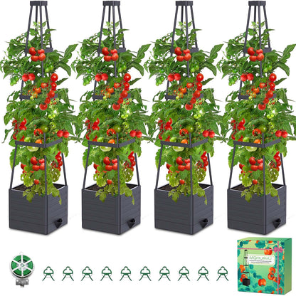 MQHUAYU 4 Pack Raised Garden Bed Planter Box with Trellis, 57" Self-Watering Tomato Cage Planters for Climbing Plants Vegetable Vine Flowers Outdoor & Indoor (57x9.8x9.8IN)