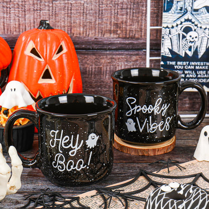 JarThenaAMCS 2Pcs 15oz Halloween Coffee Mugs Black White Ghost Ceramic Cups with Handle Hey Boo Drinking Mugs for Halloween Birthday Holiday Party