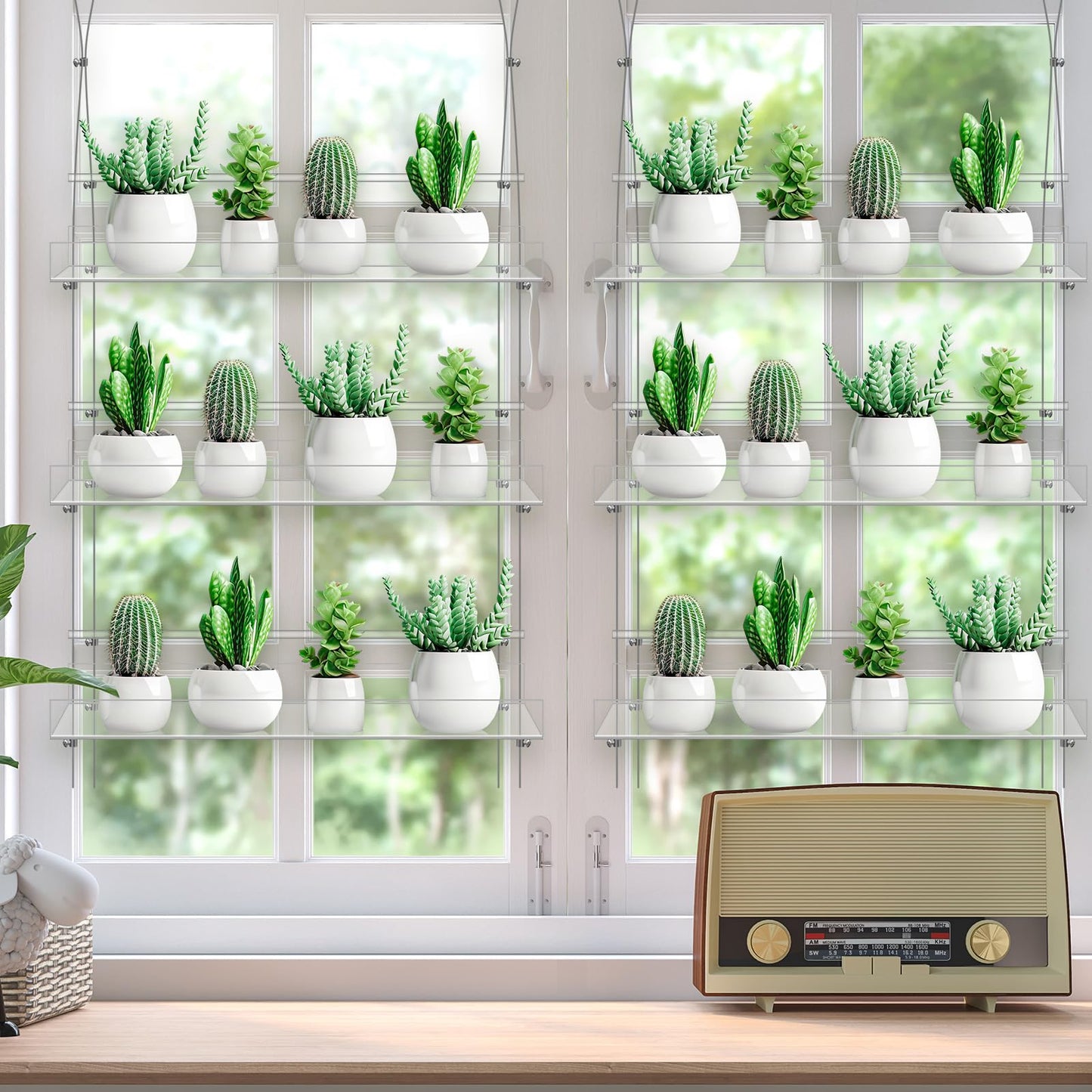 Ziliny 2 Pcs 16 Inch 3 Tier Clear Hanging Window Plant Shelves Acrylic Shelves Hanging Plant Stand Window Hanger Flower Pot Organizer Storage for Indoor Wall Garden Grow Herb