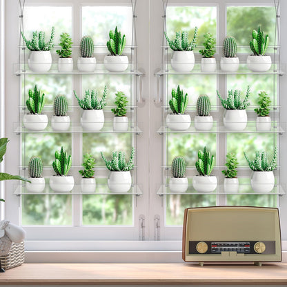 Ziliny 2 Pcs 16 Inch 3 Tier Clear Hanging Window Plant Shelves Acrylic Shelves Hanging Plant Stand Window Hanger Flower Pot Organizer Storage for Indoor Wall Garden Grow Herb