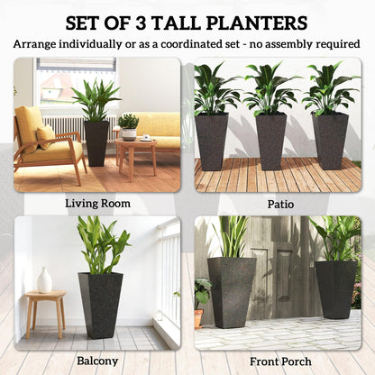 Outsunny 28 Inch Tall Planters for Outdoor Plants, Set of 3 Plastic Flower Pots with Marble Finish and Drainage Holes, Stackable Tapered Large Planters for Indoor Plants, Front Porch Decor, Brown