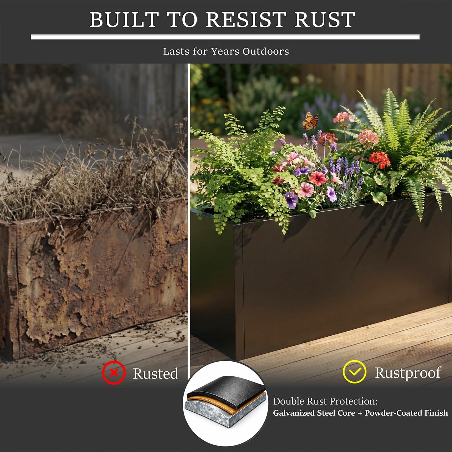 WIZWERK Rustproof Metal Planter Box 32 Inch Outdoor, Galvanized Steel Raised Garden Bed with Drainage Holes, Large Deep Rectangular Planter for Patio Balcony Porch Backyard