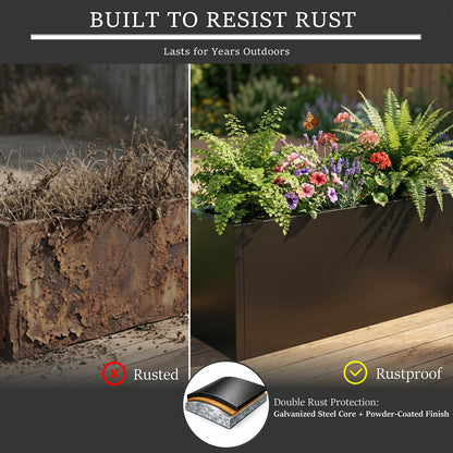 WIZWERK Rustproof Metal Planter Box 32 Inch Outdoor, Galvanized Steel Raised Garden Bed with Drainage Holes, Large Deep Rectangular Planter for Patio Balcony Porch Backyard