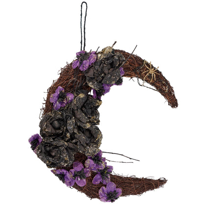 Primitives by Kathy Moody Moon Wreath - 14" x 17" Seasonal Halloween Decor, Rattan Crescent with Black and Purple Faux Florals, Gold Glitter Details, and Gold Spider