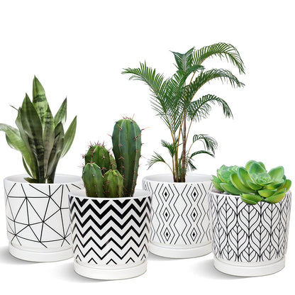 Ton Sin Plant Pots,5.5 Inch White Pots for Indoor Plants with Drainage Holes,Cylinder Flower Pot Ceramic Planters with Saucer,Cactus Succulent Outdoor Garden Pots Set of 4