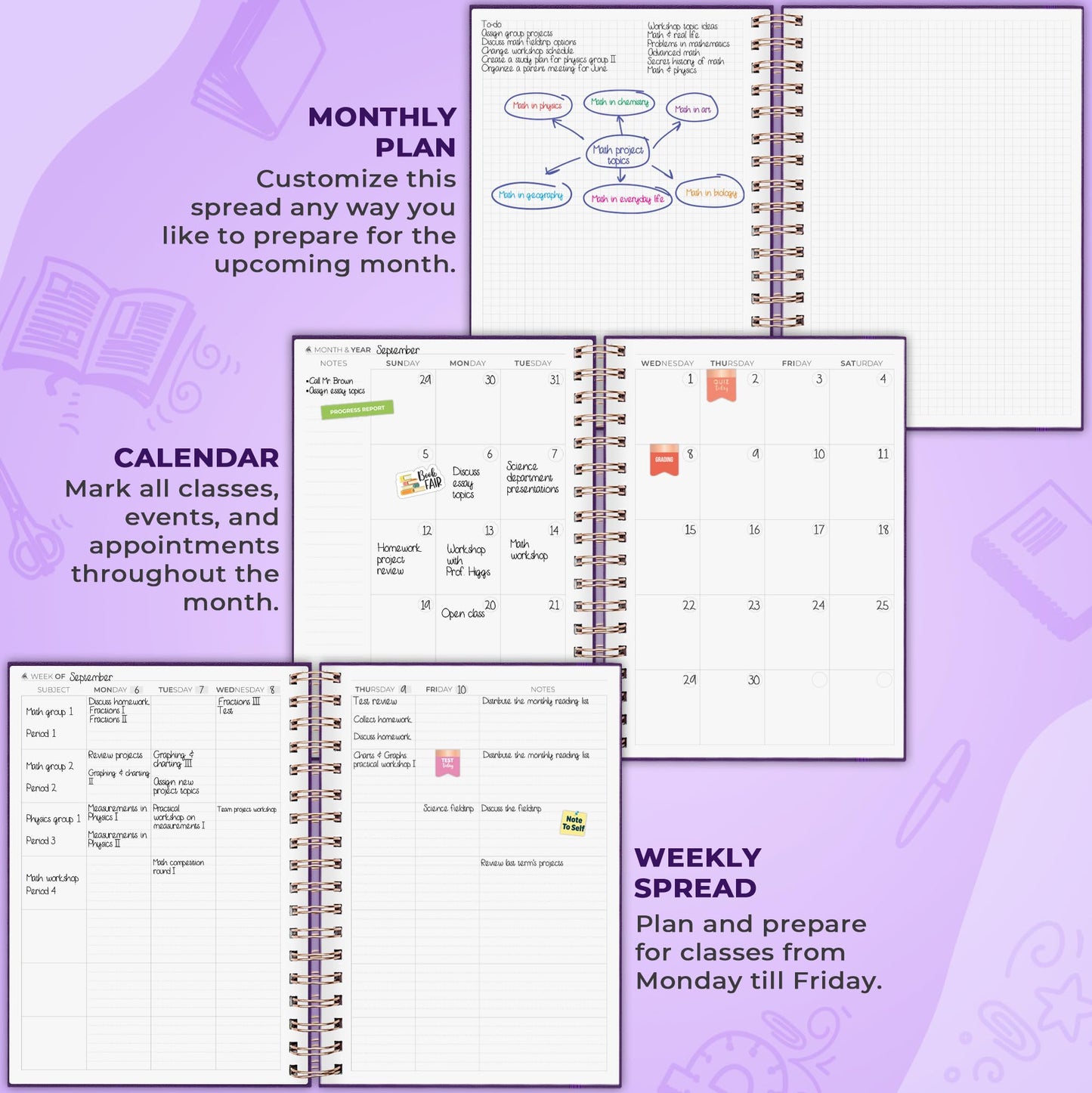Clever Fox Teacher Planner Spiral – School Year Planner with Calendars & Lesson Plans – Teacher Plan Book for Classroom & Homeschool Organization - Undated, 7.9x10″ (Purple)
