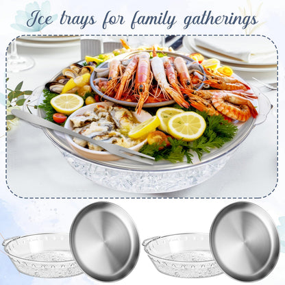 Baderke 2 Sets 11.8" Chilled Serving Tray for Parties Round Iced Platter with Ice Underneath Stainless Steel Clip Fruit Fork Shrimp Cocktail Serving Dish for Oysters Crawfish Fruits (Original)