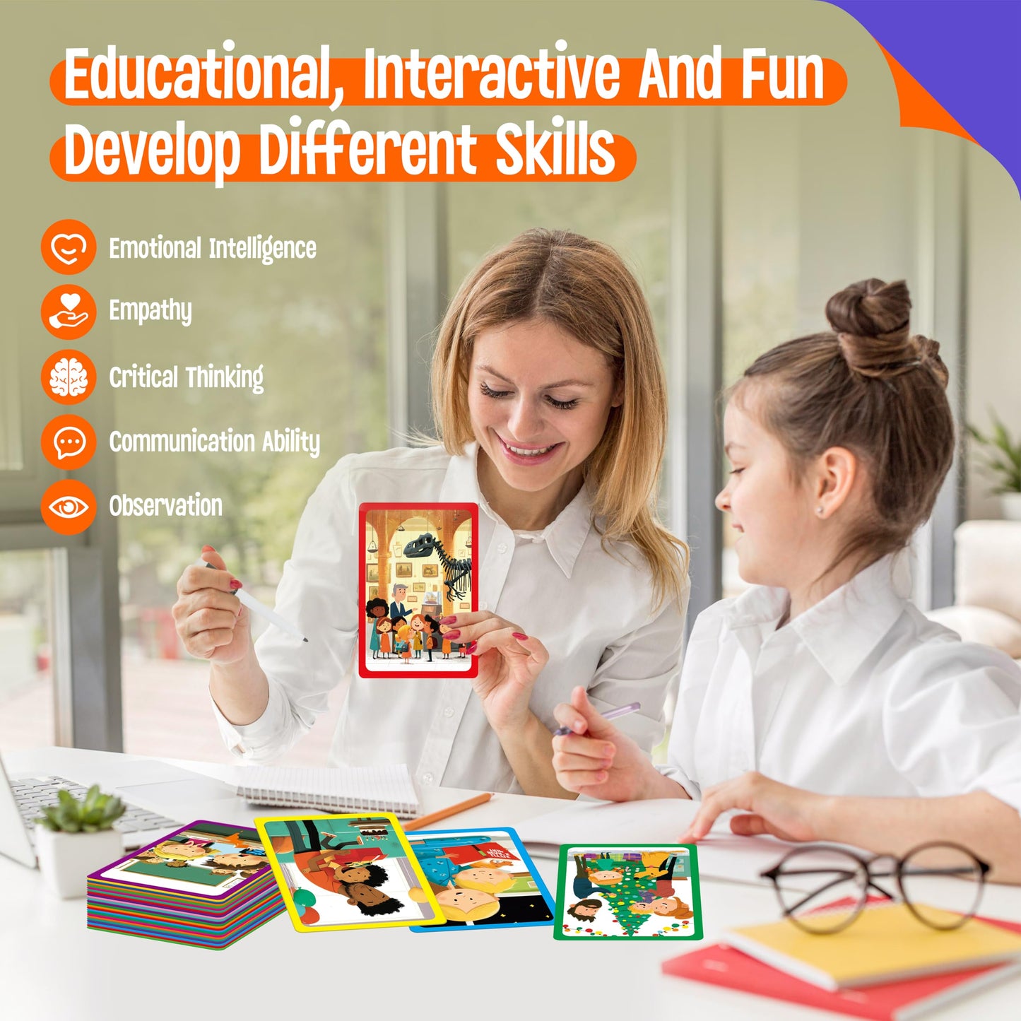 80 Scene Conversation Cards,480+ Questions Of What,Where,Who,Why & How,Materials for Social Skills,Learn Through Friendly Illustrations Of Situations,Develop Emotional Intelligence & Critical Thinking