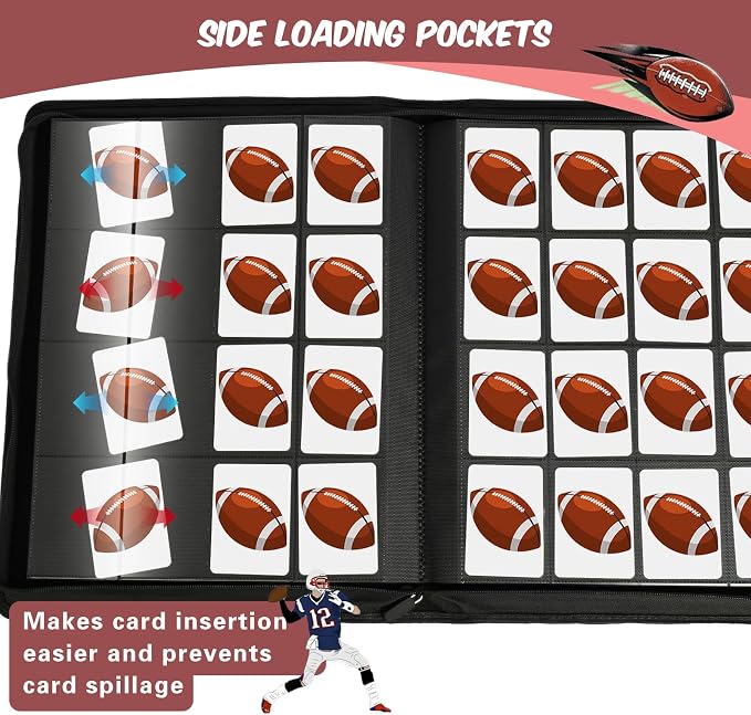 Football Card Binder 16 Pocket, Premium 1000+ Cards PU Cover Trading Sports Card Binder Side Loading Card Holder Collection Album Folders