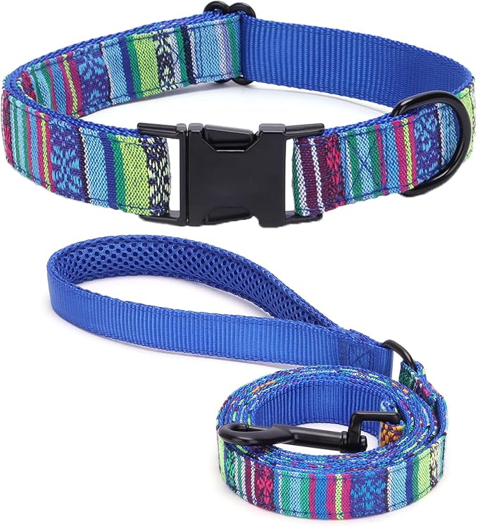 Dog Collar and Leash Set for Dogs Walking Bohemia Ethnic Style | Soft Durable Nylon Adjustable Collar with Metal Buckle 5ft Matching Leash with Padded Handle for Small Medium Large Dogs