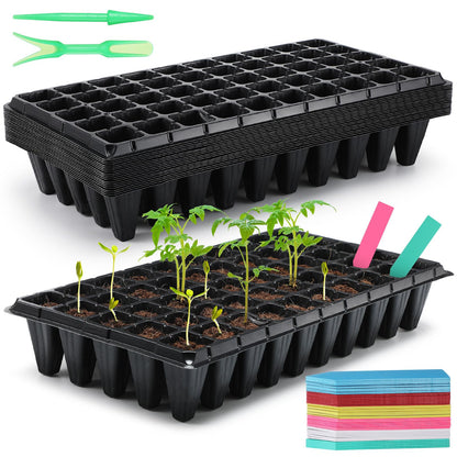 Vesici 20 Pcs 50 Cell Deep Root Seed Starting Trays 3.54" Depth Seedling Plastic Nursery Trays Bulk Thick Plastic Starter Cups for Plants with 120 Labels 2 Plant Tool Germination Gardener Supply