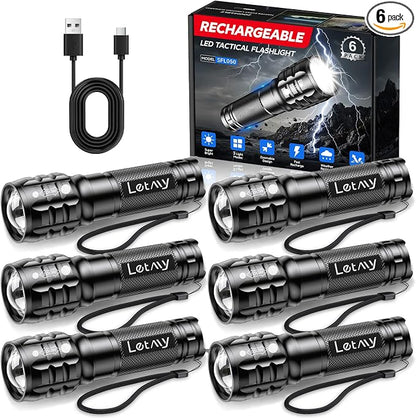 LETMY 6 Pack Rechargeable Flashlights 2000 Lumens, 3 Modes Bright Small Flashlight for Home Tactical Flashlights Rechargeable, Zoomable LED Flashlights Waterproof for Outdoor,Camping Emergency