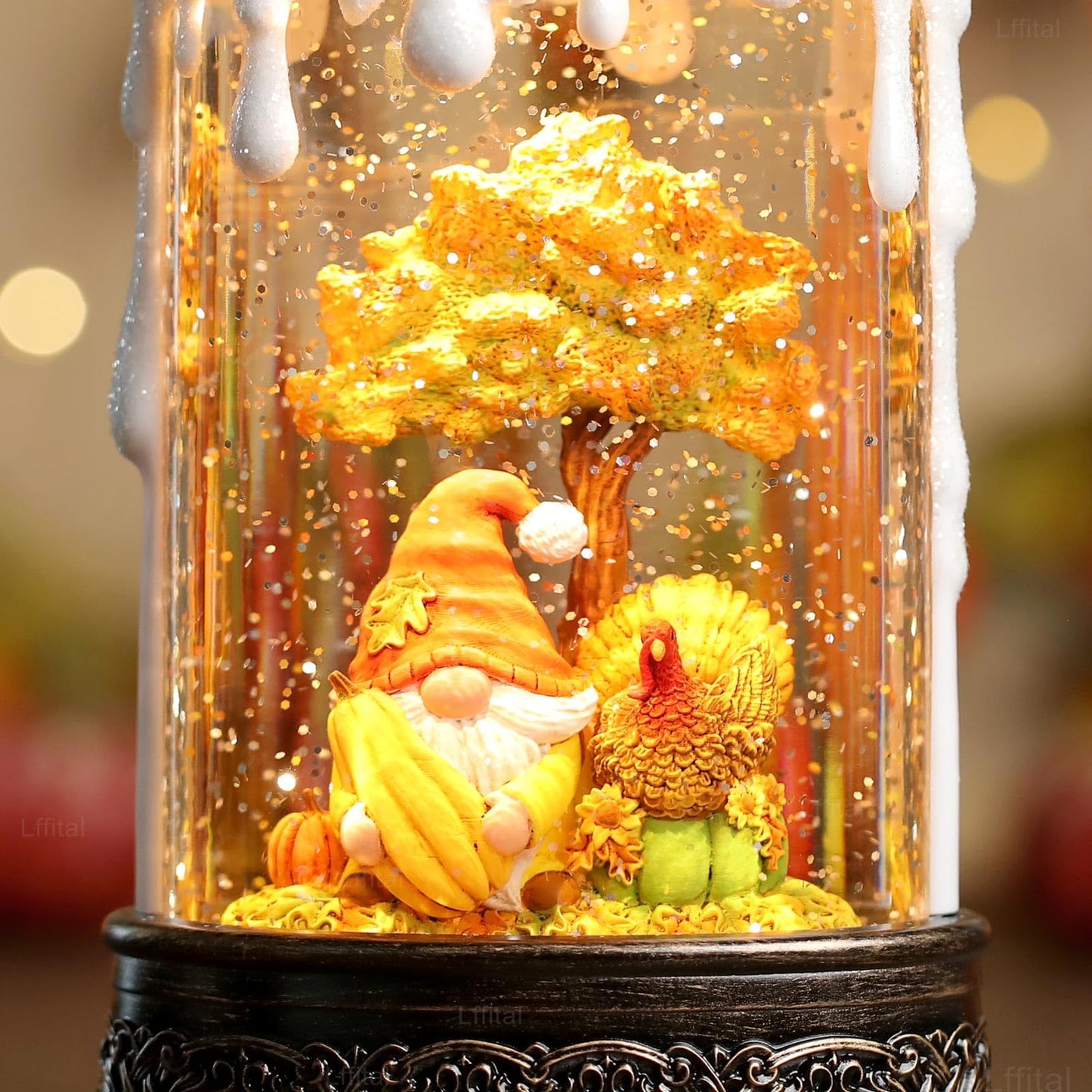 Lffital Fall Snow Globe Lantern Fall Decor Candle Shape with Gnome and Turkey, Lighted Thanksgiving Decorations with Timer Swirling Glitter for Tabletop Autumn Festival Harvest Day