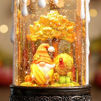 Lffital Fall Snow Globe Lantern Fall Decor Candle Shape with Gnome and Turkey, Lighted Thanksgiving Decorations with Timer Swirling Glitter for Tabletop Autumn Festival Harvest Day