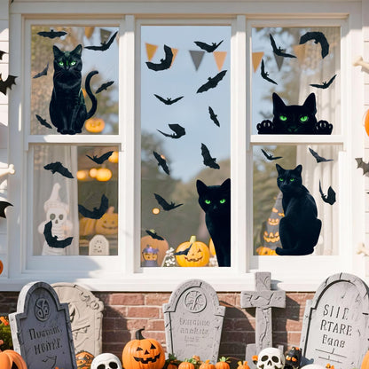 Halloween Decorations Window Clings,4 Sheet Large Black Cats Halloween Window Stickers,Bats Silhouette Window Decals for Indoor School Home Office Party Decor