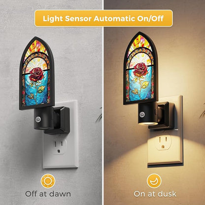 L LOHAS LED Night Lights Plug into Wall, Gothic Night Light with Light Sensor, 3000K Soft White, 0-100LM Adjustable Brightness, Acrylic Rose Nightlight for Bathroom Bedroom Hallway, 2 Pack