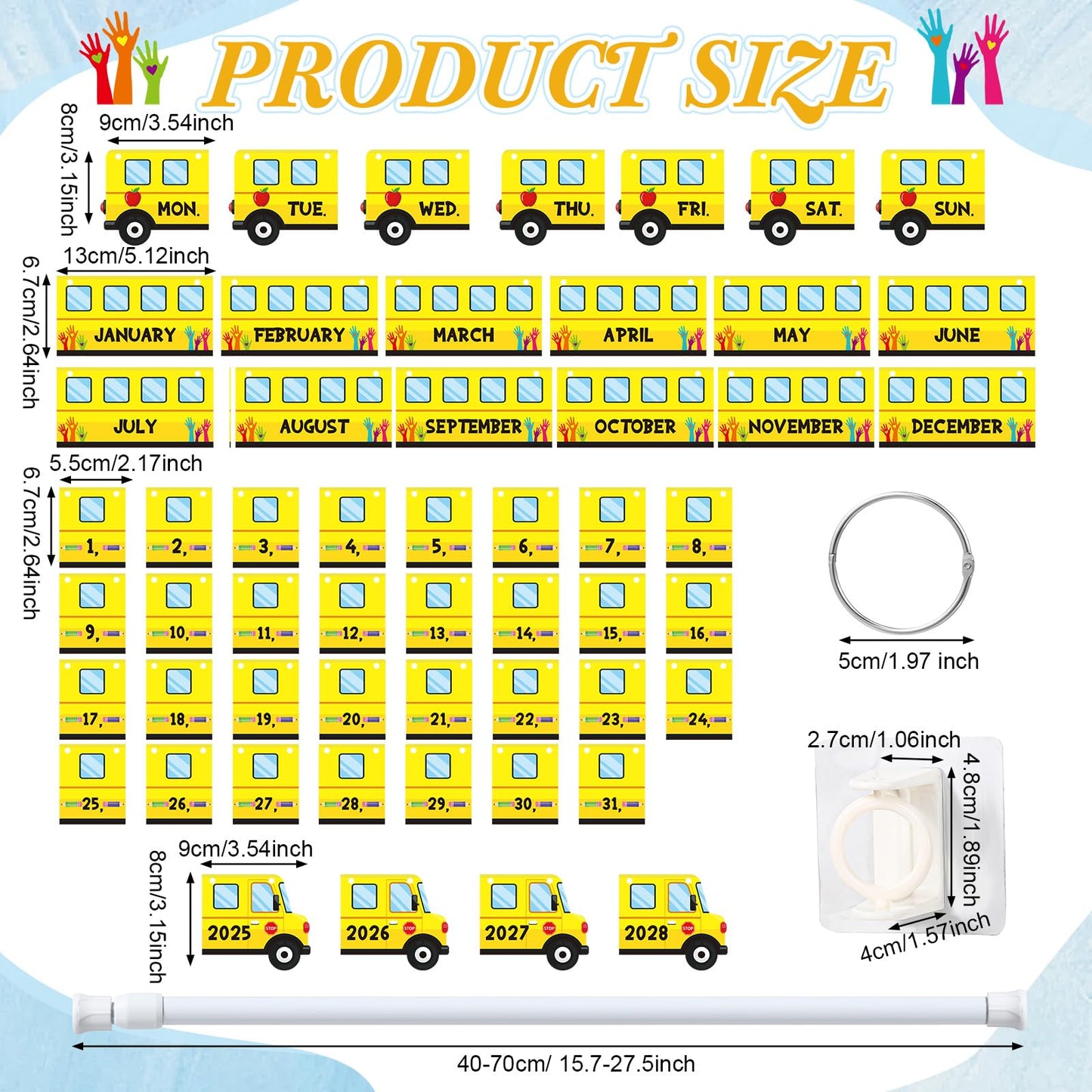 Containlol School Bus Calendar Bulletin Board Set Flip Calendar for Classroom Teacher Adjustable with 54 Yellow Week Month Day Year Cards Rod O-ring for Back to School First Day Elementary Wall