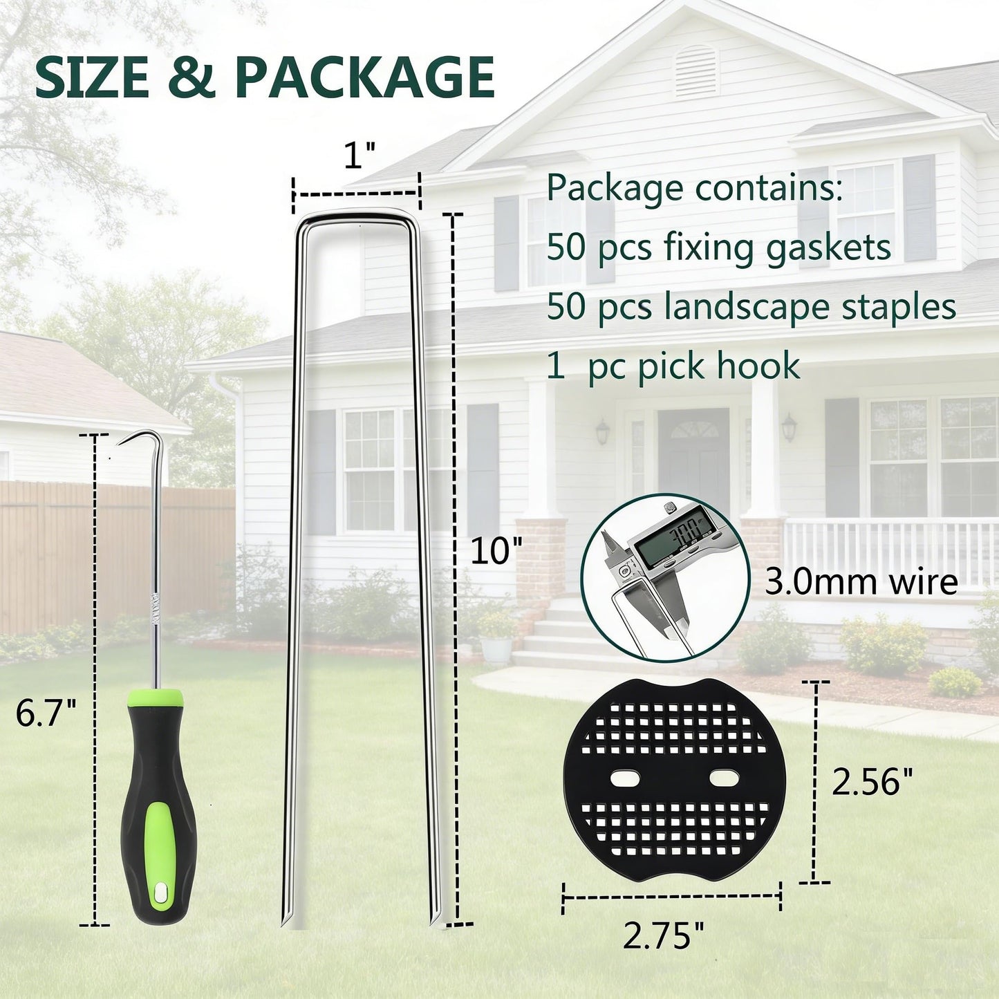 10 Inch 50 PCS Galvanized Landscape Staples with 50 PCS Gasket, Landscape Fabric Pins Stakes Lawn Ground Cover Graden Staples Spikes Weed Barrier Stakes